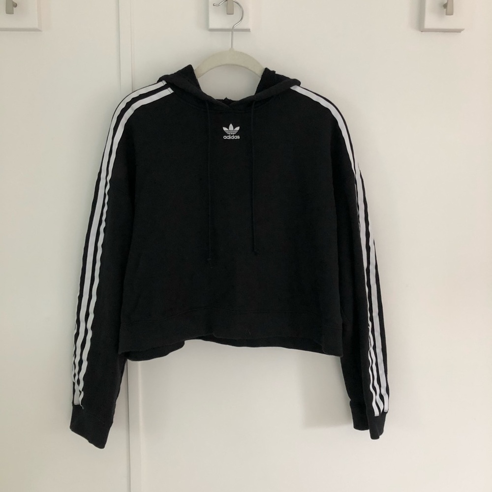 adidas crop three strip sleeved hoodie
